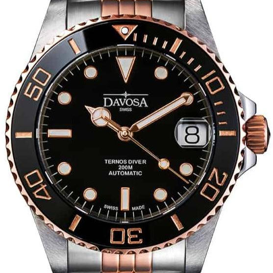 Ternos Medium Automatic Black Rose Gold Diving Watch 16619605 Diver Davosa USA Official Distributor. Prices are Final. Tax & duties included. 36.5mm Black-Rose Gold PentaLink