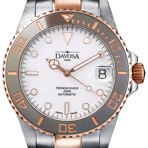 Ternos Medium Automatic 200m White Dial Two Tone Rose Gold Diver Watch 16619620 Diver Davosa USA Official Distributor. Prices are Final. Tax & duties included. 36.5mm White TriaLink
