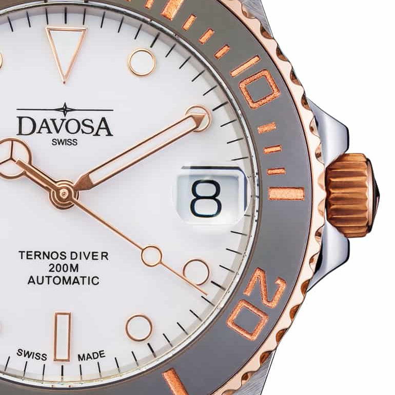 Ternos Medium Automatic 200m White Dial Two Tone Rose Gold Diver Watch 16619620 Diver Davosa USA Official Distributor. Prices are Final. Tax & duties included.