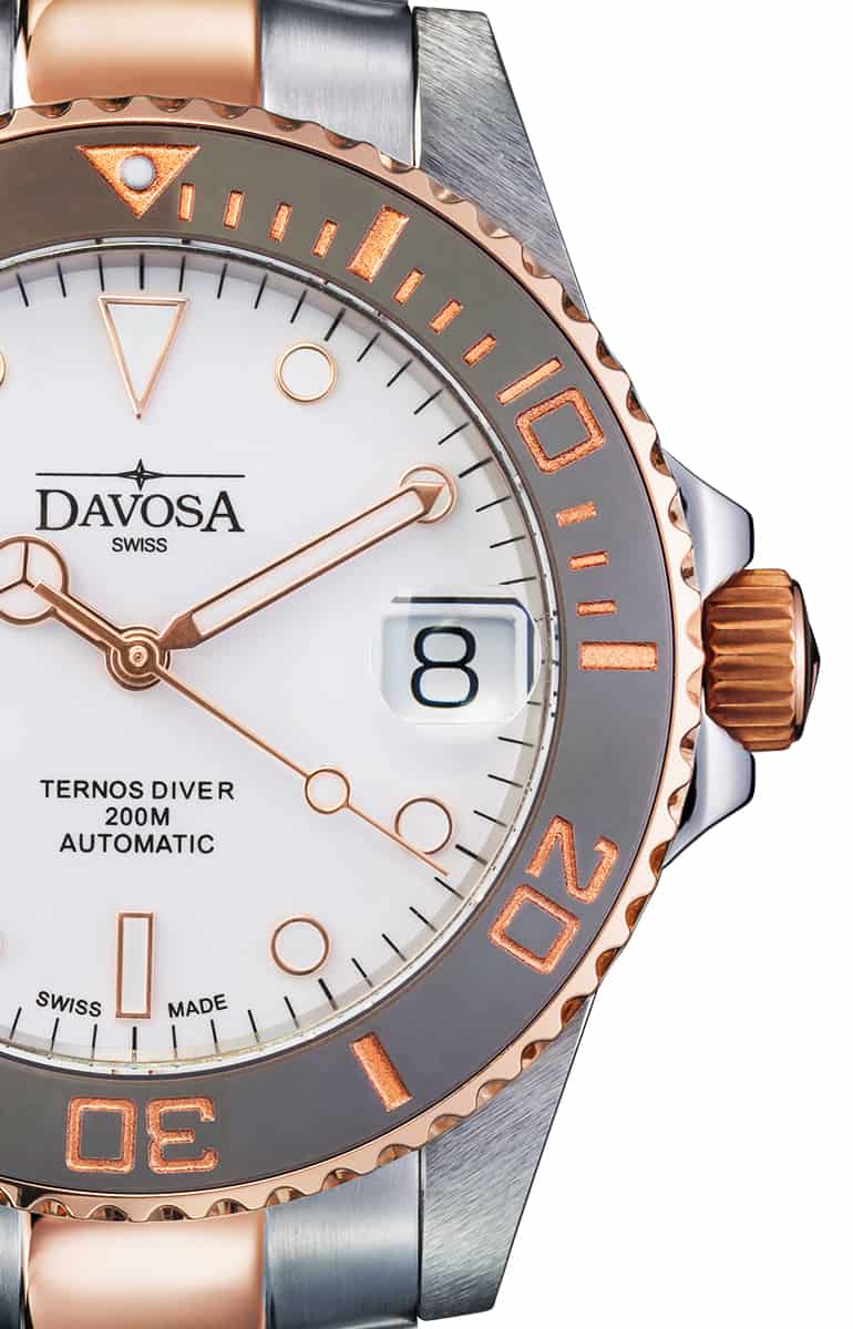 Ternos Medium Automatic 200m White Dial Two Tone Rose Gold Diver Watch 16619620 Diver Davosa USA Official Distributor. Prices are Final. Tax & duties included.