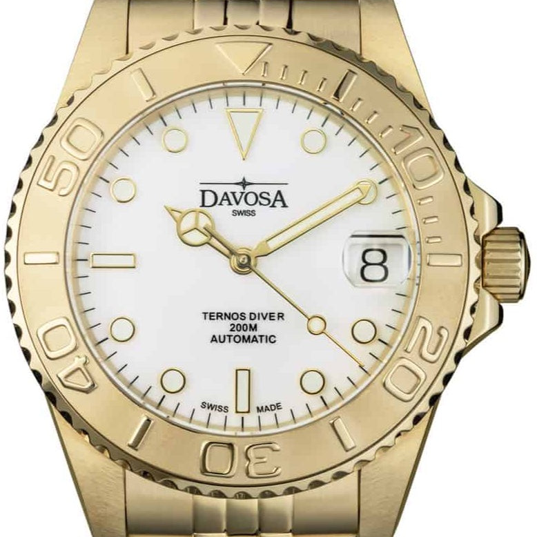Ternos Medium Automatic 200M Swiss-Made Golden Unisex Diver Watch 16619802 Diver Davosa USA Official Distributor. Prices are Final. Tax & duties included.