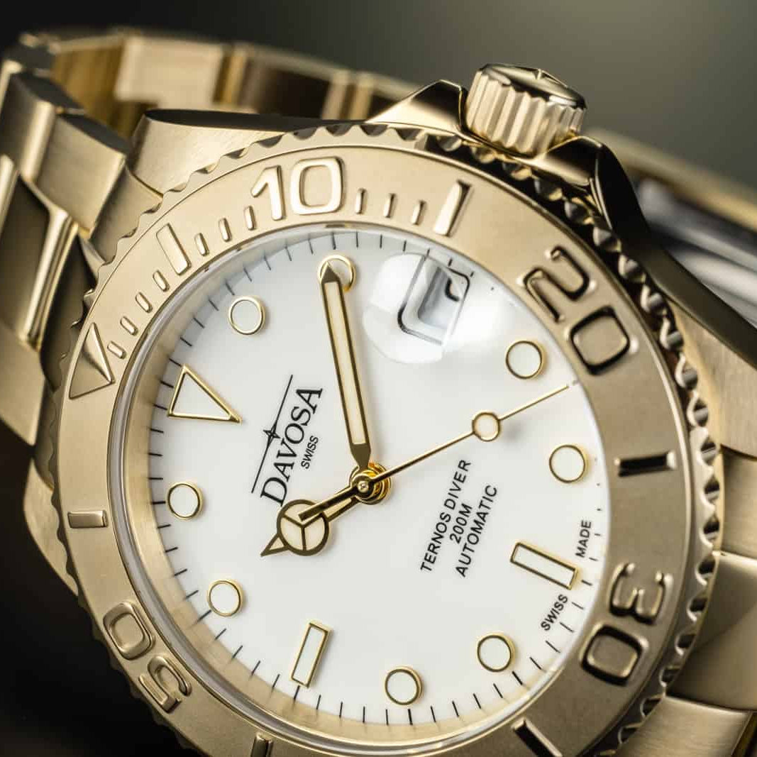 Ternos Medium Automatic Swiss-Made Gold-Tone Diving Watch 16619820 Diver Davosa USA Official Distributor. Prices are Final. Tax & duties included.