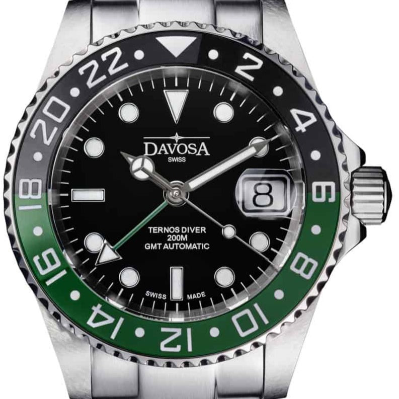 Ternos Ceramic Automatic GMT Swiss-Made Black Green Diving Watch 16159070 GMT Davosa USA Official Distributor. Prices are Final. Tax & duties included.