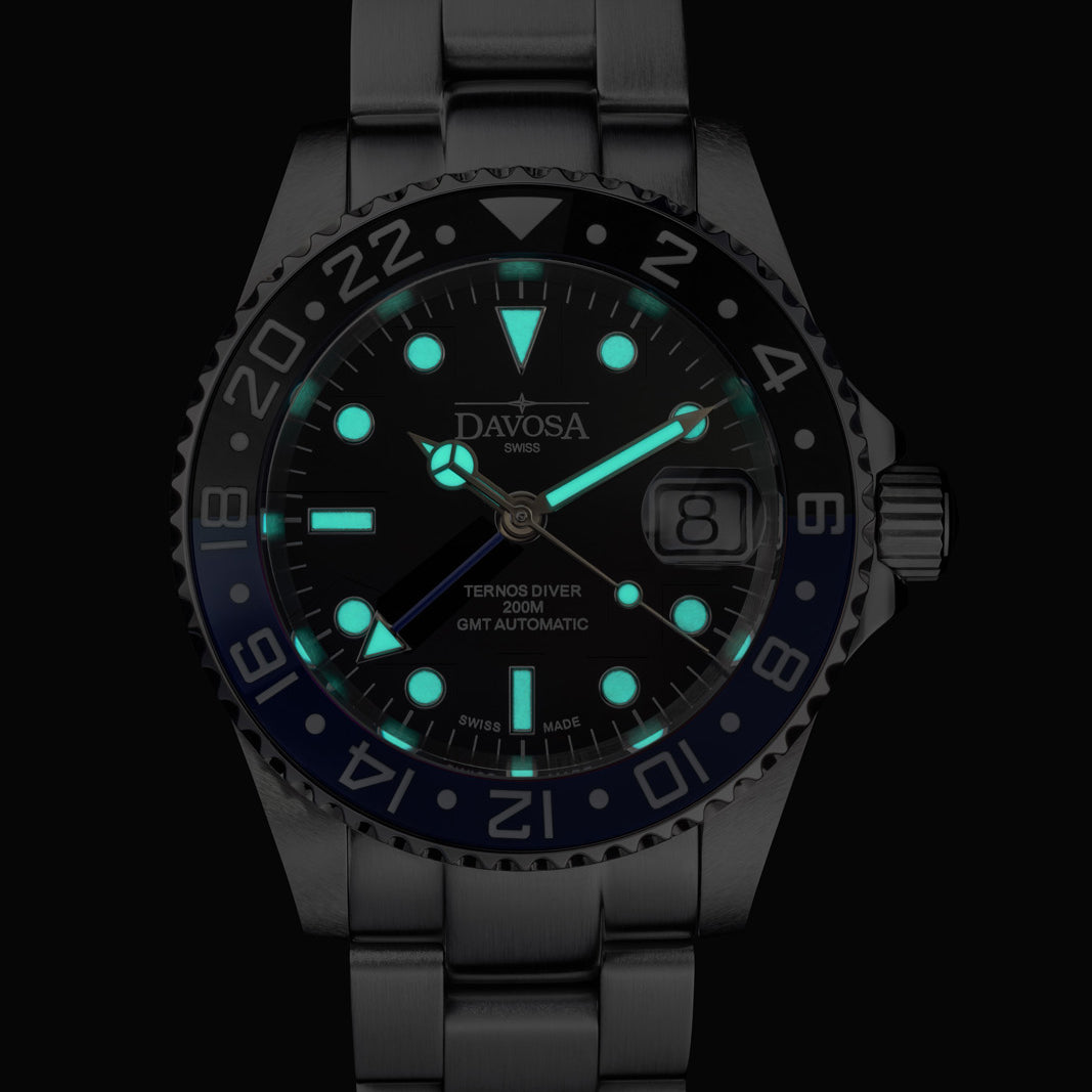 Ternos Ceramic Automatic GMT Swiss-Made Black Blue Diving Watch 16159004 GMT Davosa USA Official Distributor. Prices are Final. Tax & duties included.