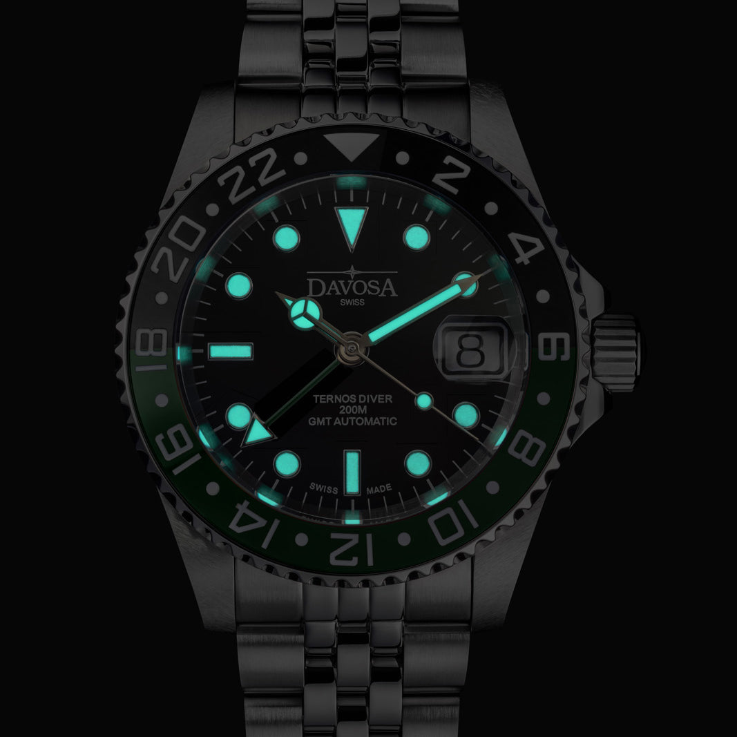 Ternos Ceramic Automatic GMT Swiss-Made Black Green Diving Watch 16159070 GMT Davosa USA Official Distributor. Prices are Final. Tax & duties included.
