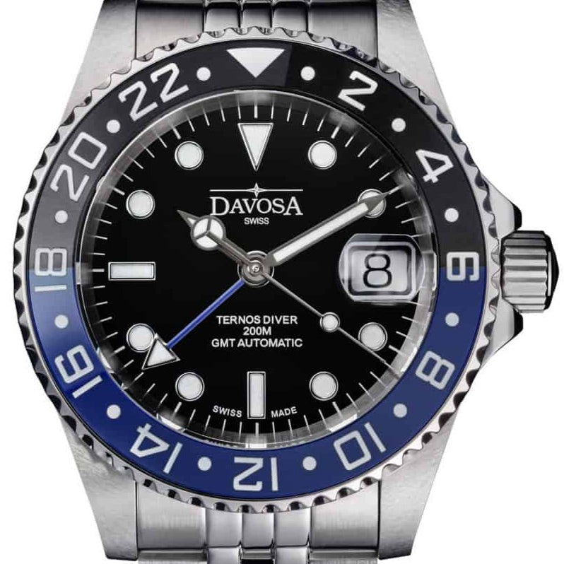 Ternos Ceramic Automatic GMT Swiss-Made Black Blue Diving Watch 16159004 GMT Davosa USA Official Distributor. Prices are Final. Tax & duties included.
