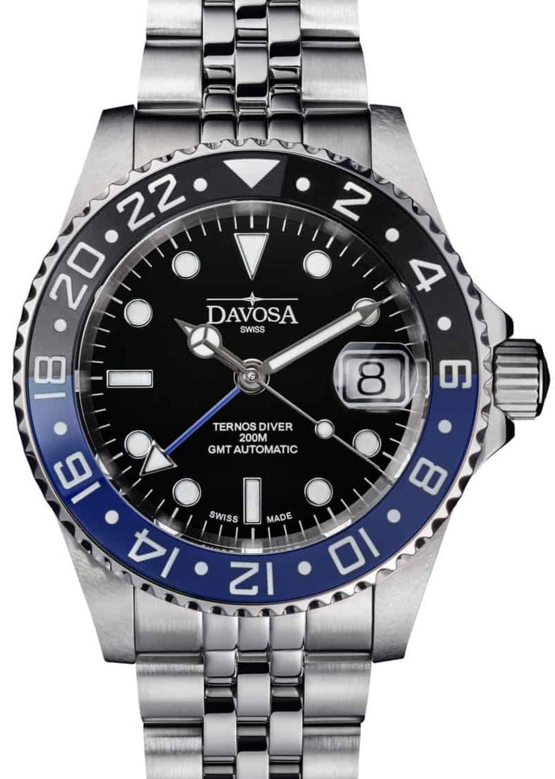 Ternos Ceramic Automatic GMT Swiss-Made Black Blue Diving Watch 16159004 GMT Davosa USA Official Distributor. Prices are Final. Tax & duties included.