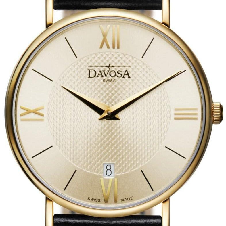 Pianos II Quartz Champagne Guilloche Gold Executive Watch 16248635 Executive Davosa USA Official Distributor. Prices are Final. Tax & duties included. 38mm Gold Leather
