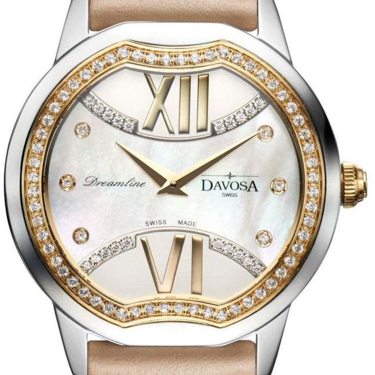 Dreamline II Quartz Swiss-Made White Mother Of Pearl Ladies Watch 16756085 Ladies Davosa USA Official Distributor. Prices are Final. Tax & duties included. 36mm White-Gold Leather