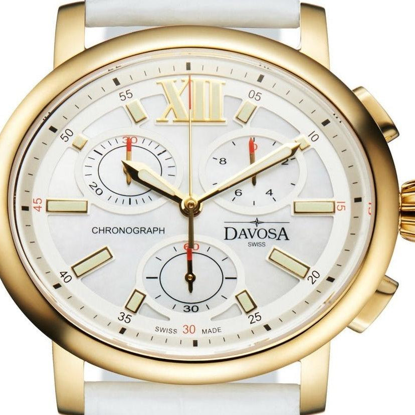 Oval Edition Quartz Chronograph PVD Golden Ladies Watch 16757015 Ladies Davosa USA Official Distributor. Prices are Final. Tax & duties included. 38mm White-Gold Leather