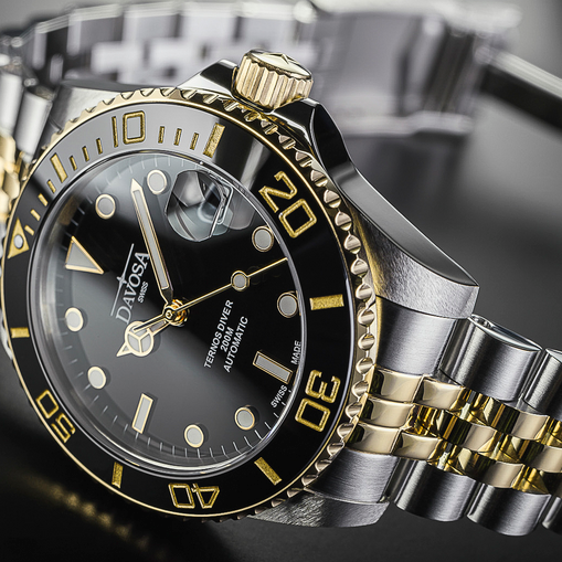 Ternos Medium Automatic Swiss-Made Black Gold Diver Watch 16619705 Diver Davosa USA Official Distributor. Prices are Final. Tax & duties included.