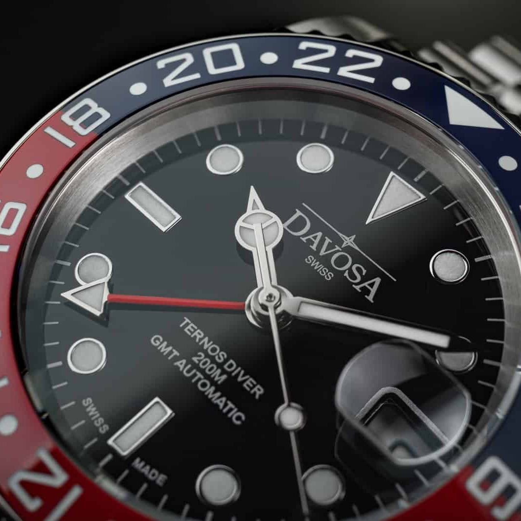 Ternos Ceramic Automatic GMT Swiss-Made Blue Red Diving Watch 16159006 GMT Davosa USA Official Distributor. Prices are Final. Tax & duties included.