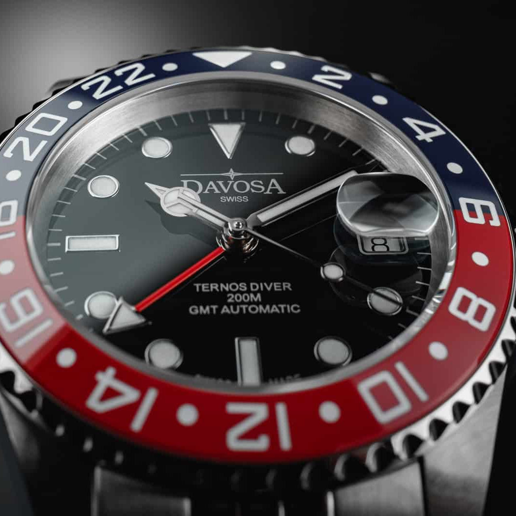 Ternos Ceramic Automatic GMT Swiss-Made Blue Red Diving Watch 16159006 GMT Davosa USA Official Distributor. Prices are Final. Tax & duties included.