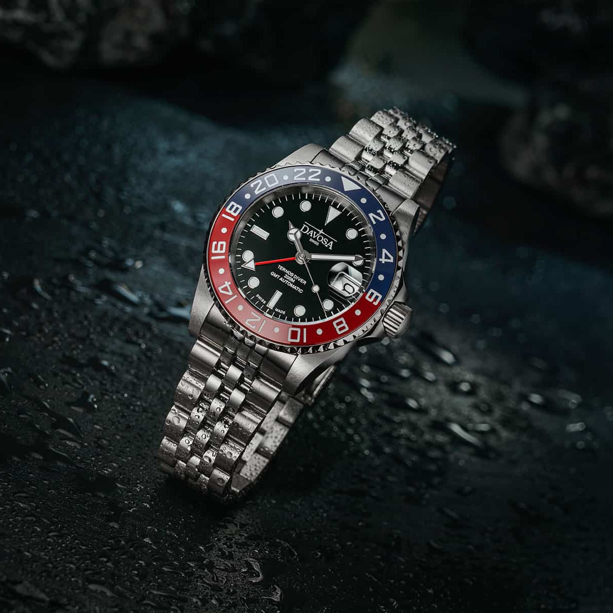 Ternos Ceramic Automatic GMT Swiss-Made Blue Red Diving Watch 16159006 GMT Davosa USA Official Distributor. Prices are Final. Tax & duties included.