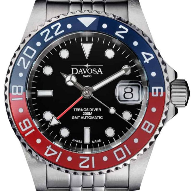 Ternos Ceramic Automatic GMT Swiss-Made Blue Red Diving Watch 16159006 GMT Davosa USA Official Distributor. Prices are Final. Tax & duties included. 40mm Pepsi TriaLink