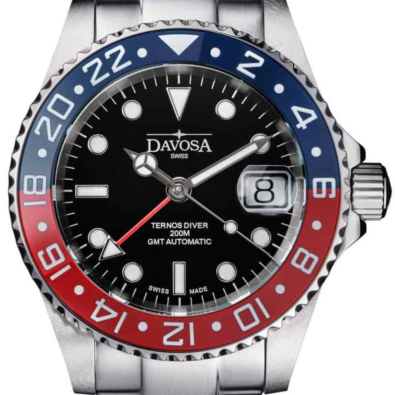Ternos Ceramic Automatic GMT Swiss-Made Blue Red Diving Watch 16159060 GMT Davosa USA Official Distributor. Prices are Final. Tax & duties included. 40mm Pepsi TriaLink