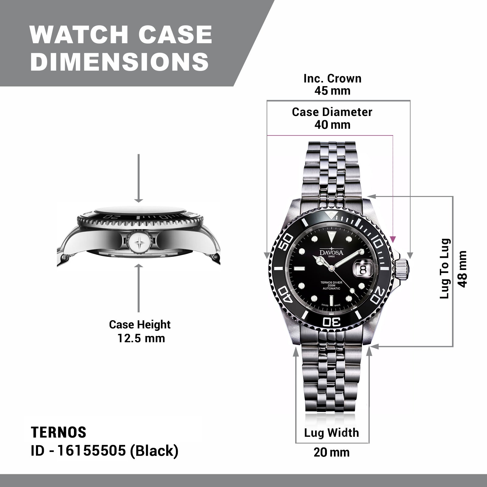 Ternos Ceramic Automatic Swiss-Made Black Diving Watch 16155505 Diver Davosa USA Official Distributor. Prices are Final. Tax & duties included.