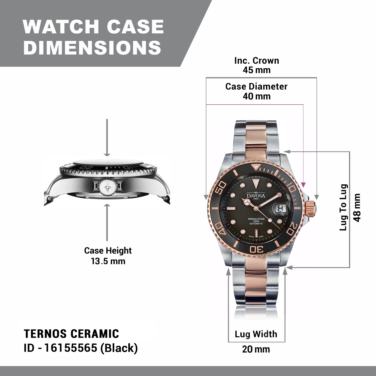 Ternos Ceramic Automatic Swiss-Made Black Rose Gold Diving Watch 16155565 Diver Davosa USA Official Distributor. Prices are Final. Tax & duties included.