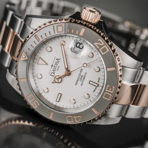 Ternos Ceramic Automatic Swiss-Made White Rose Gold Diving Watch 16155563 Diver Davosa USA Official Distributor. Prices are Final. Tax & duties included.