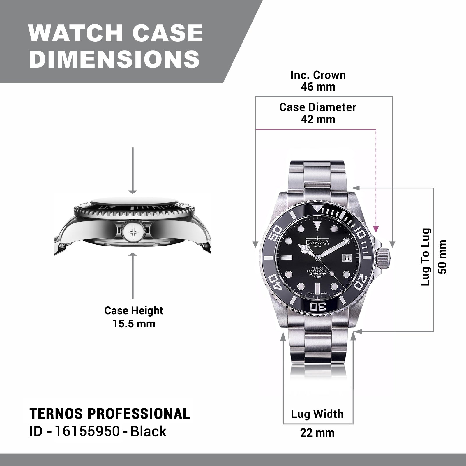 Ternos Professional Automatic 500m Black Diving Watch 16155950 Diver Davosa USA Official Distributor. Prices are Final. Tax & duties included.