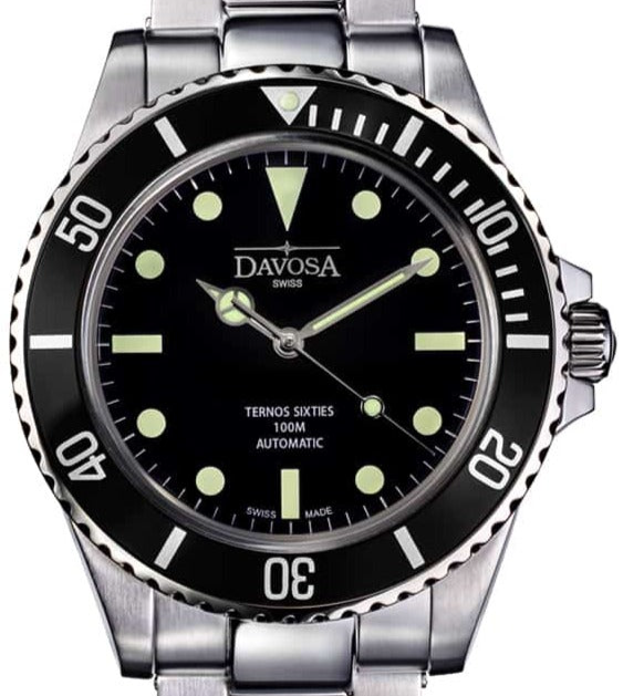 Ternos Sixties Automatic 100m Black Diving Watch 16152550 Diver Davosa USA Official Distributor. Prices are Final. Tax & duties included. 40mm Black Mineral