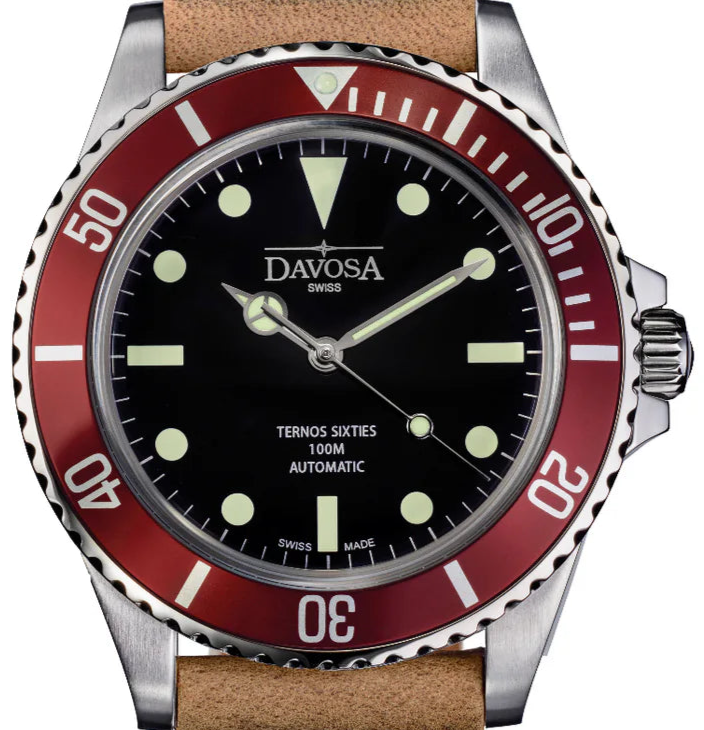 Ternos Sixties Automatic Swiss-Made Red Black Diver Watch 16152565 Diver Davosa USA Official Distributor. Prices are Final. Tax & duties included. 40mm Black-Burgundy Mineral