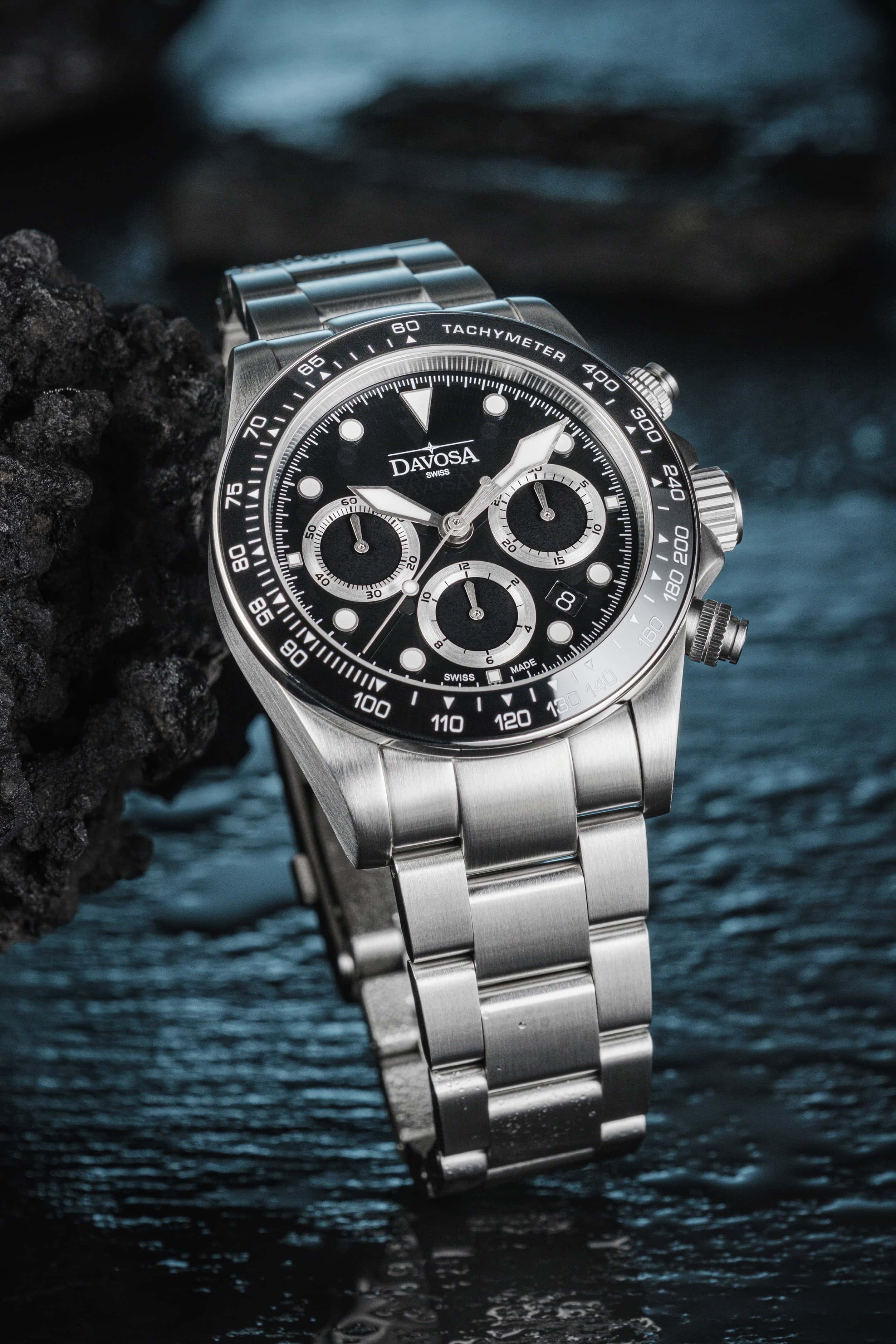 Ternos Professional Chronograph in Black Dial with TriaLink Bracelet Ref. 161.543.50 Chronograph Davosa USA Official Distributor. Prices are Final. Tax & duties included.