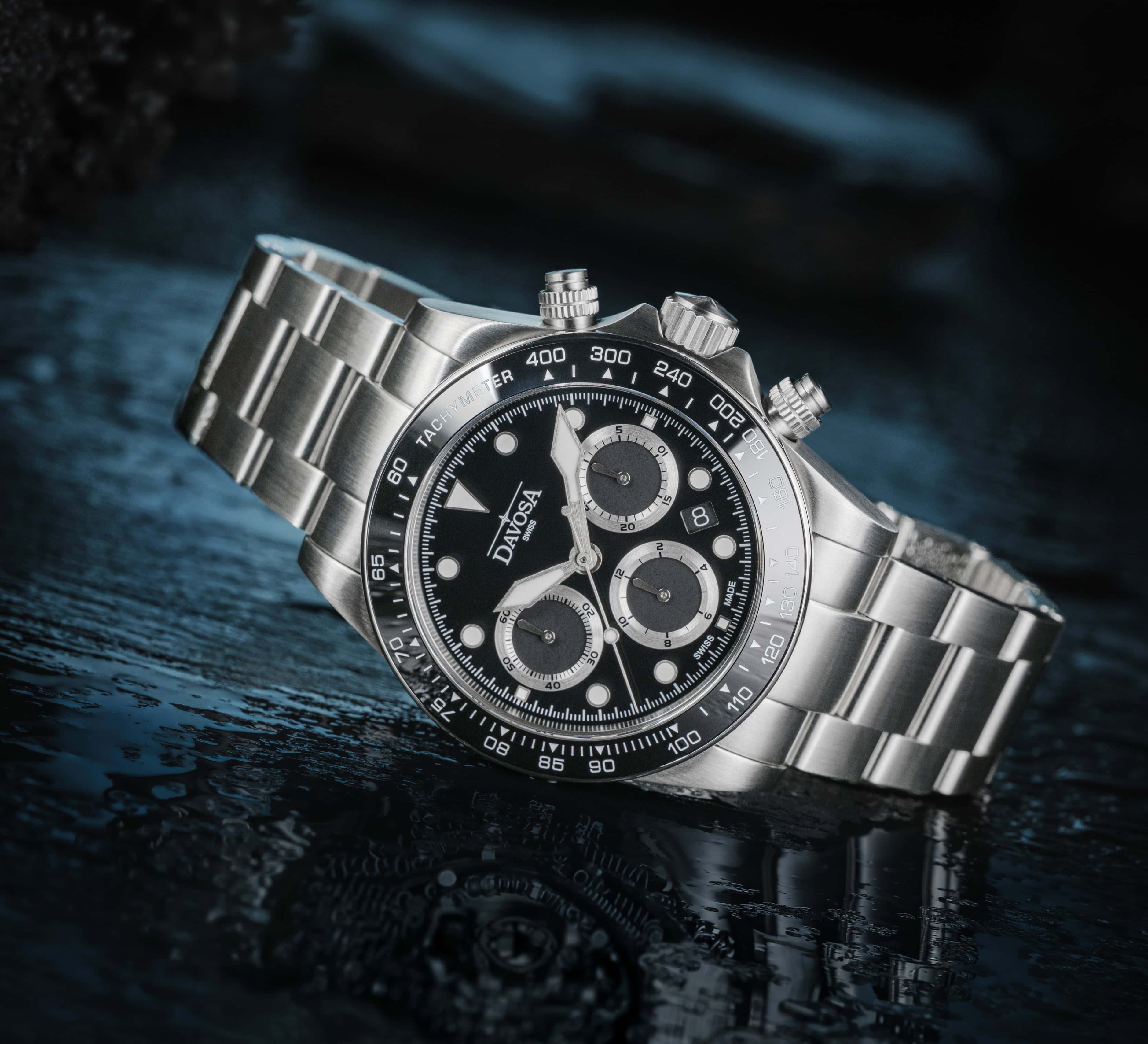 Ternos Professional Chronograph in Black Dial with TriaLink Bracelet Ref. 161.543.50 Chronograph Davosa USA Official Distributor. Prices are Final. Tax & duties included.