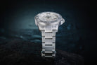 Davosa Argonautic Meteorite 300m automatic diver watch standing upright on its stainless steel bracelet, low-angle view