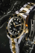 Ternos Diver Automatic Two-Tone 200m Swiss-Made Gold and Black Unisex Diver Watch 161.551.50 Without Loupe Diver Davosa USA Official Distributor. Prices are Final. Tax & duties included.