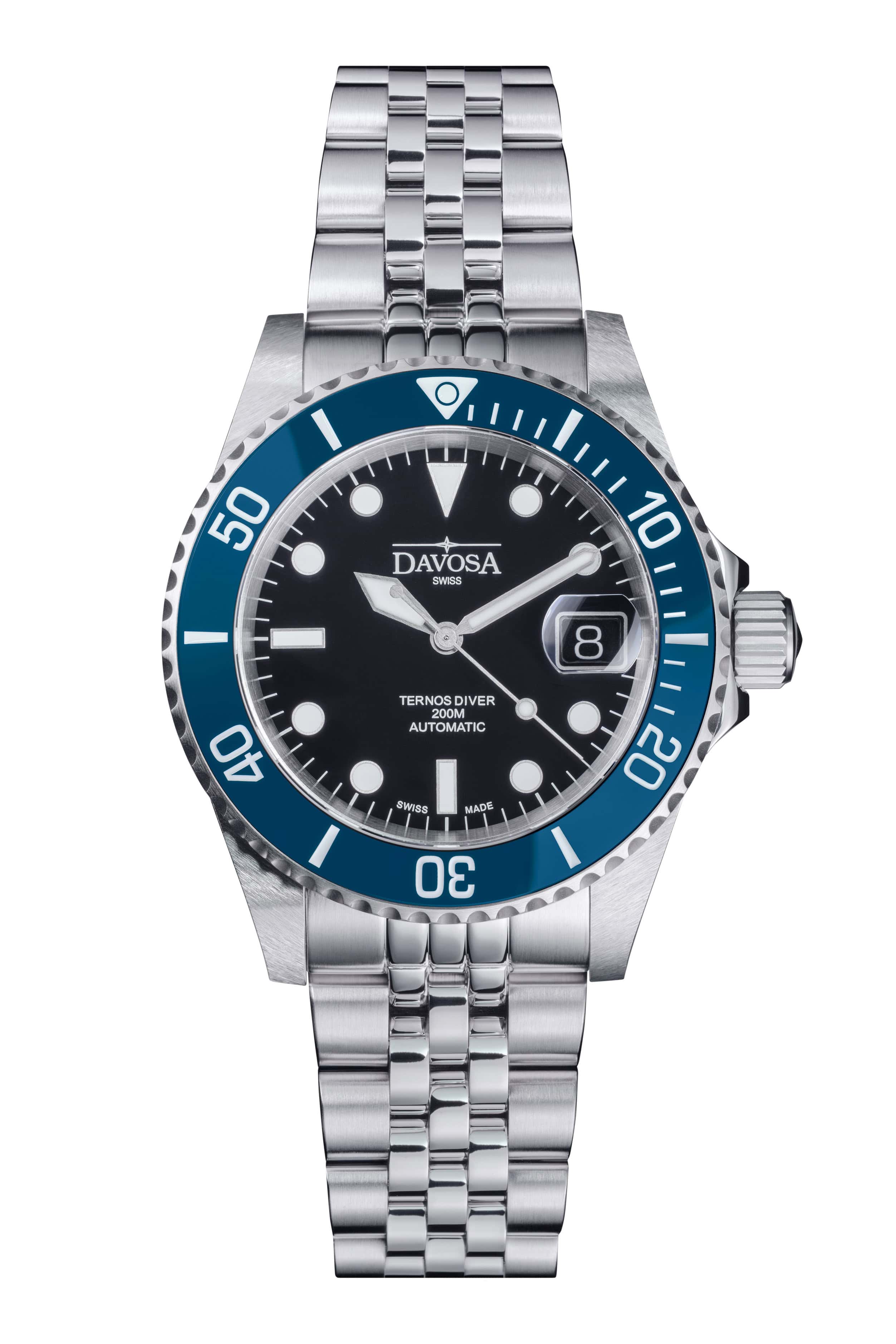 Ternos Diver Automatic 200m Swiss-Made Blue and Black Unisex Diver Watch 161.552.04 With Loupe and Pentalink bracelet Diver Davosa USA Official Distributor. Prices are Final. Tax & duties included.