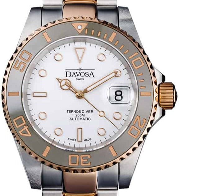 Ternos Ceramic Automatic Swiss-Made White Rose Gold Diving Watch 16155563 Diver Davosa USA Official Distributor. Prices are Final. Tax & duties included. 40mm White-Rose Gold TriaLink