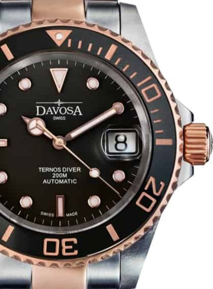 Ternos Ceramic Automatic Swiss-Made Black Rose Gold Diving Watch 16155565 Diver Davosa USA Official Distributor. Prices are Final. Tax & duties included.   