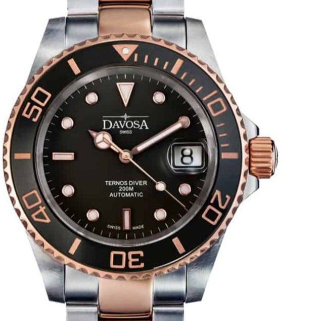 Ternos Ceramic Automatic Swiss-Made Black Rose Gold Diving Watch 16155565 Diver Davosa USA Official Distributor. Prices are Final. Tax & duties included. 40mm Black-Gold PentaLink