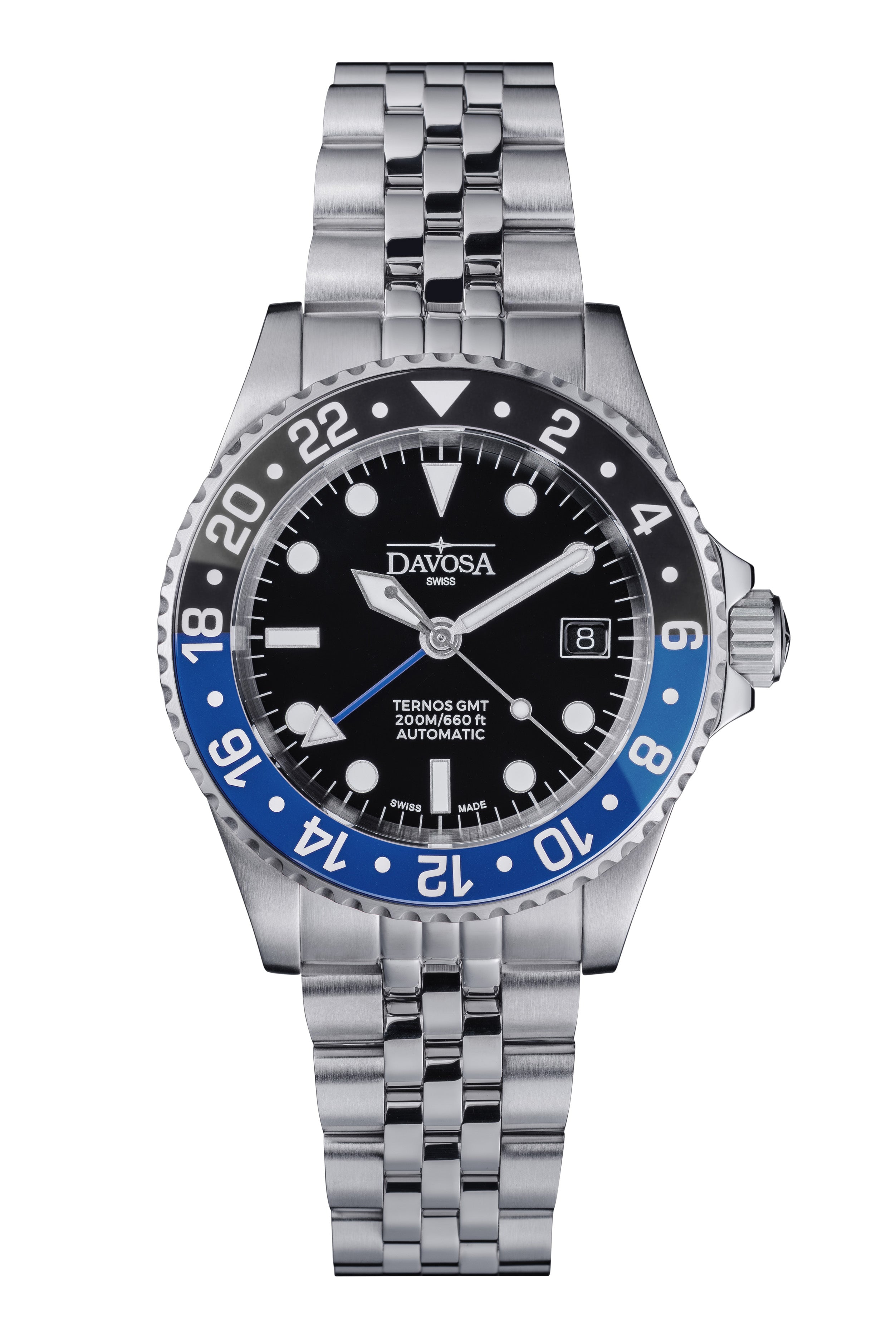DAVOSA Ternos GMT 40mm Automatic - Swiss Made Dual Time Zone Diver’s Watch - Blue and Black without Loupe Ref. 161.563.04 GMT Davosa USA Official Distributor. Prices are Final. Tax & duties included. Black-Blue Pentalink Without Loupe