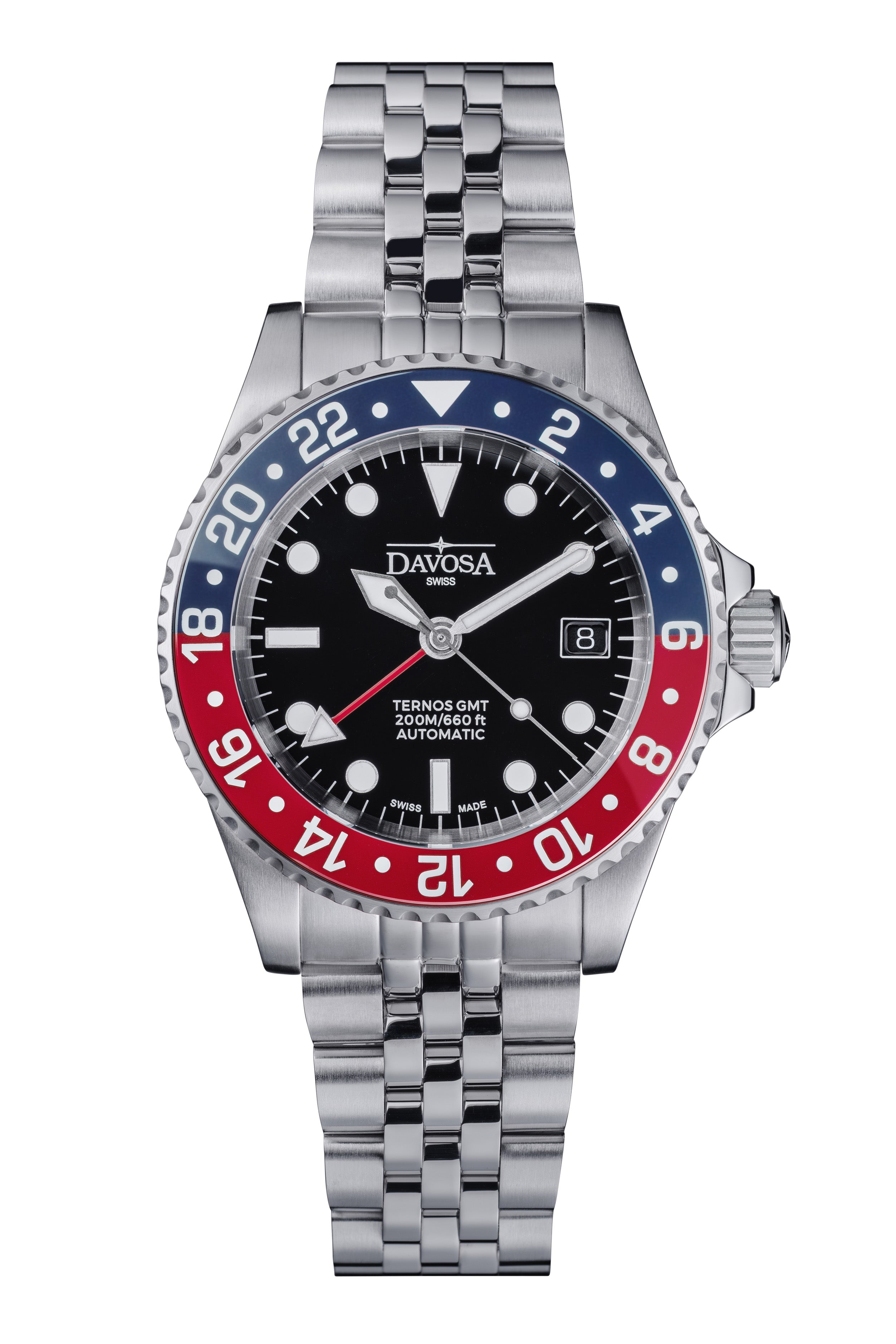 DAVOSA Ternos GMT 40mm Automatic - Swiss Made Dual Time Zone Diver’s Watch - Blue and Red GMT DAVOSA Swiss PentaLink Without loupe