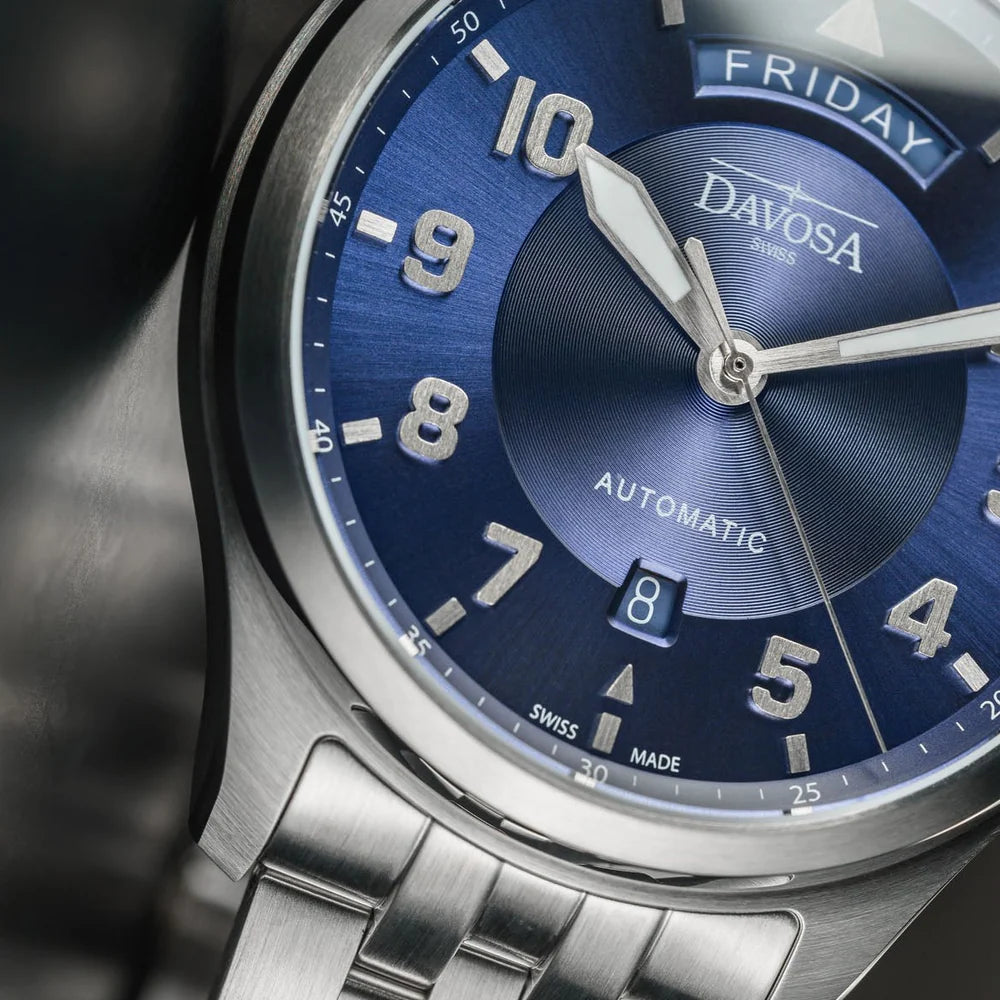 Newton Day-Date Automatic 44mm Blue Pilot Watch 16158540 Pilot Davosa USA Official Distributor. Prices are Final. Tax & duties included.   