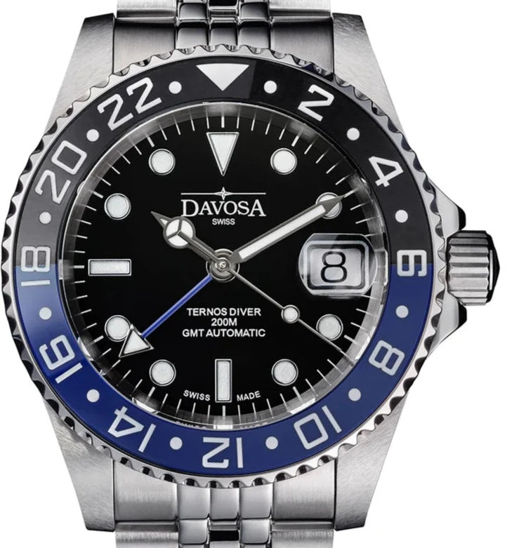 Ternos Ceramic Automatic GMT Swiss-Made Diving Watch PentaLink Bracelet GMT Davosa USA Official Distributor. Prices are Final. Tax & duties included. 40mm Batman PentaLink