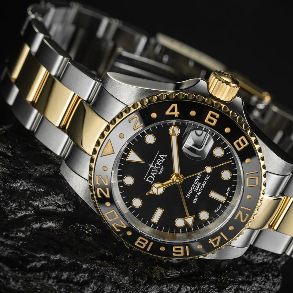 Ternos Ceramic Automatic GMT Black Gold Diving Watch 16159150 GMT Davosa USA Official Distributor. Prices are Final. Tax & duties included.   