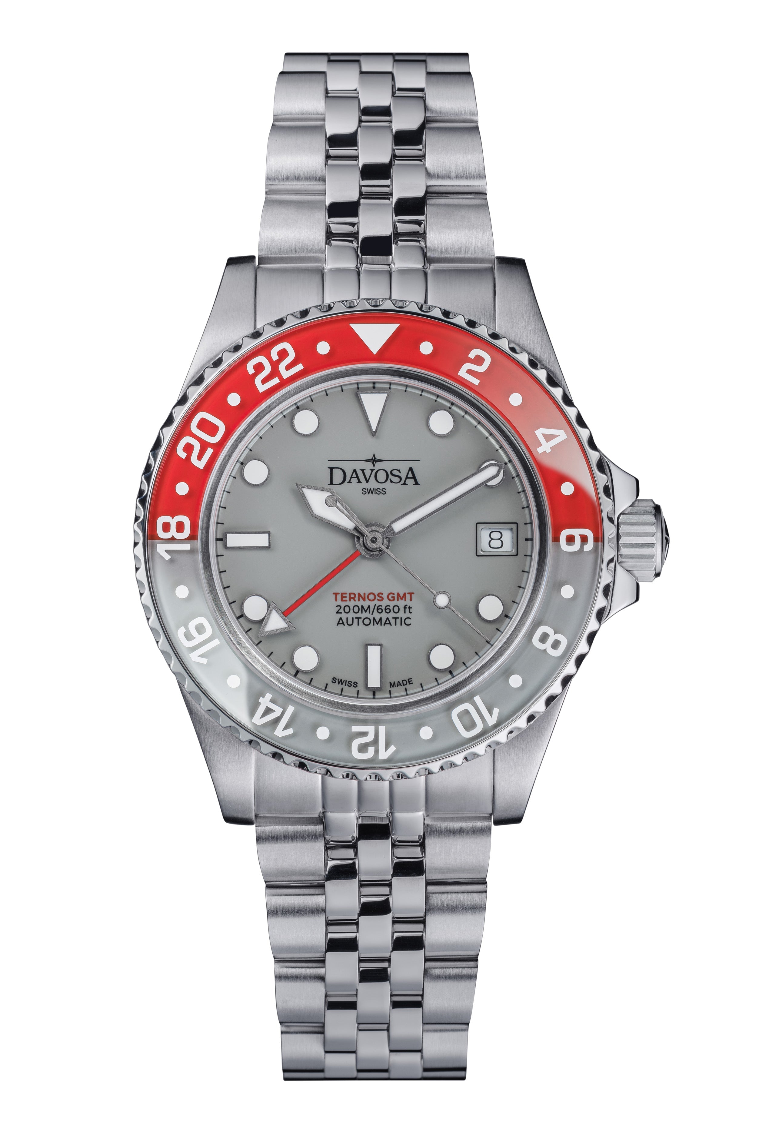 Ternos GMT Lucent Automatic 200m GMT Watch, Grey Dial Grey-Red Bezel GMT DAVOSA Swiss PentaLink