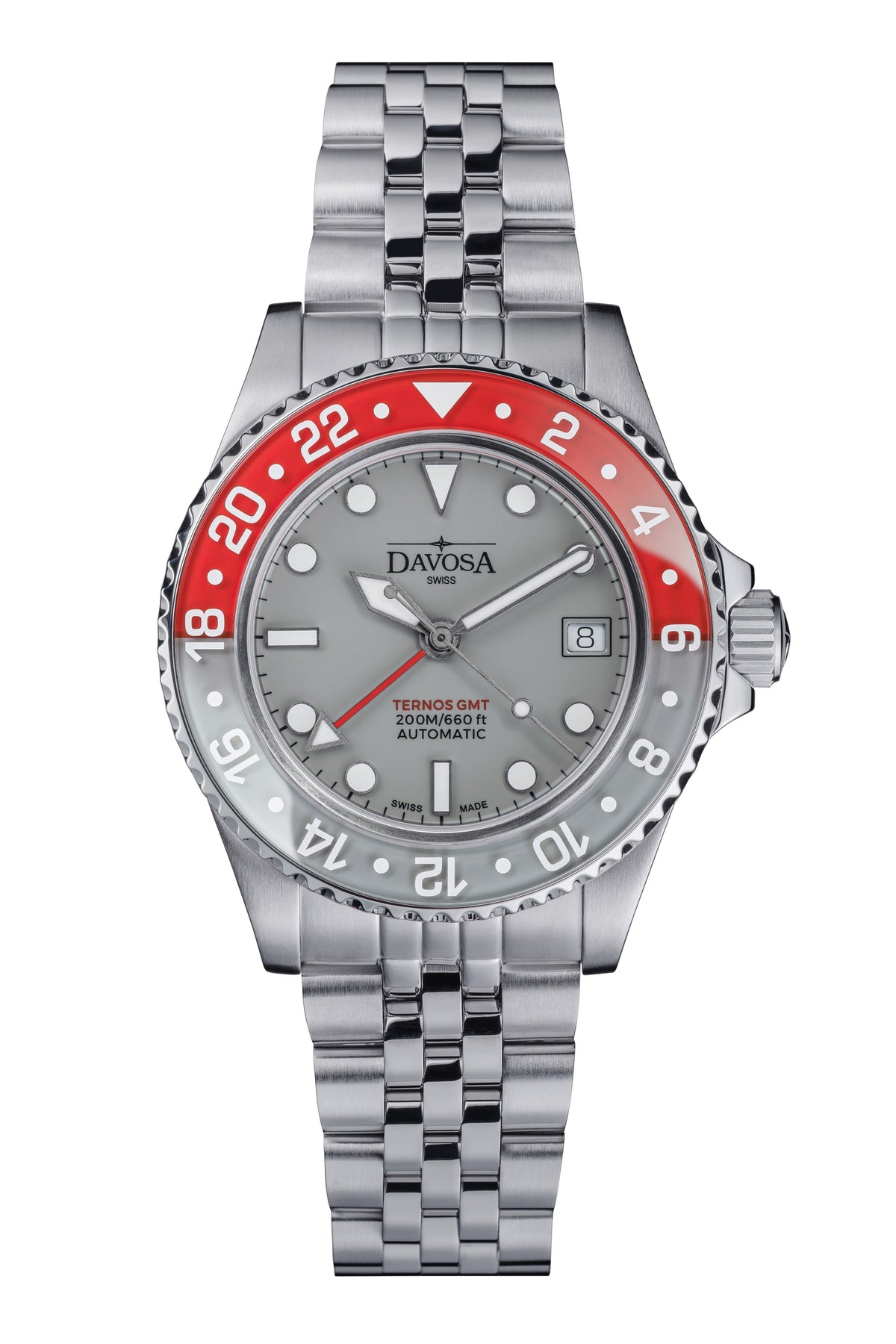 Ternos GMT Lucent Automatic 200m GMT Watch, Grey Dial Grey-Red Bezel GMT DAVOSA Swiss PentaLink