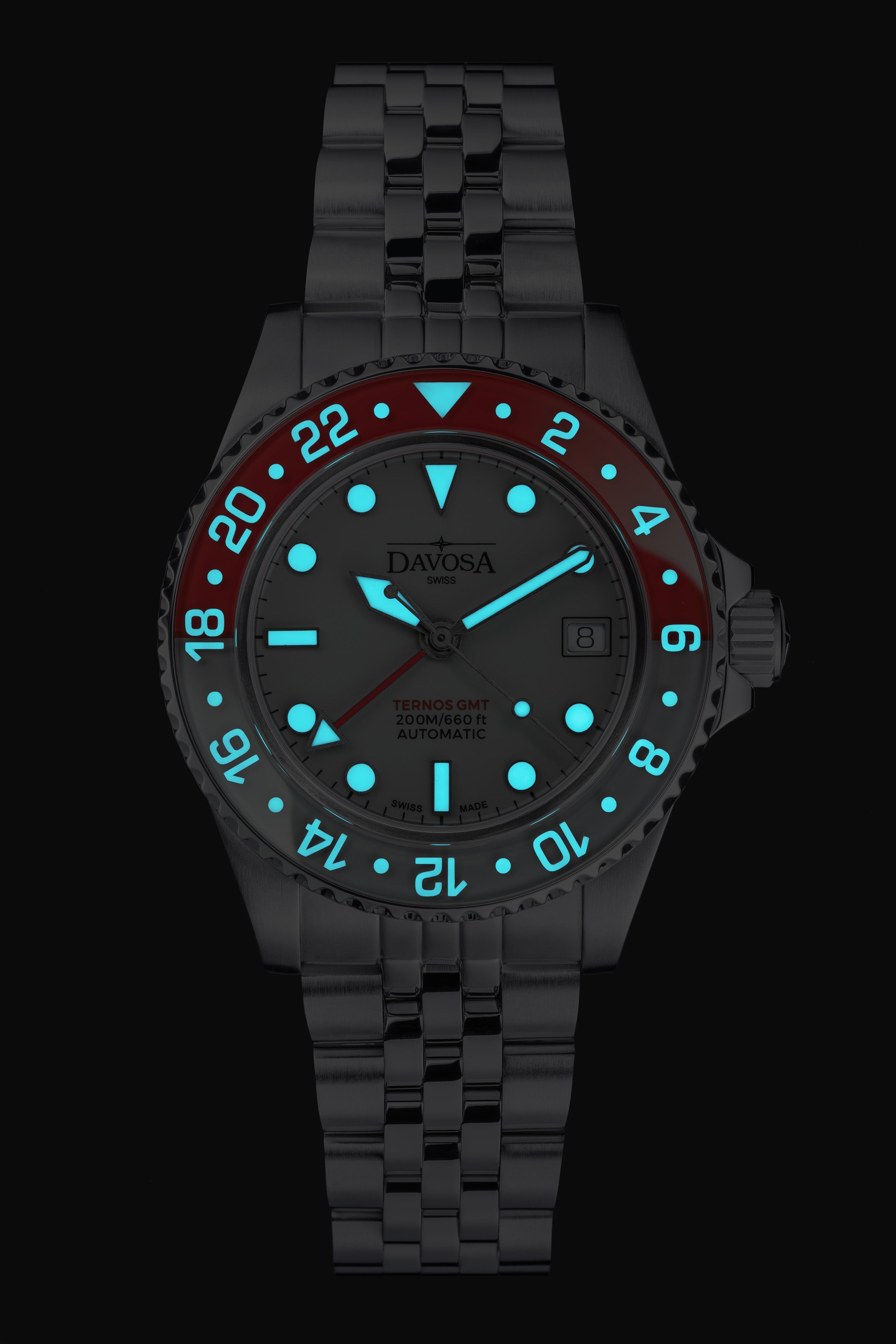 Ternos GMT Lucent Automatic 200m GMT Watch, Grey Dial Grey-Red Bezel GMT DAVOSA Swiss