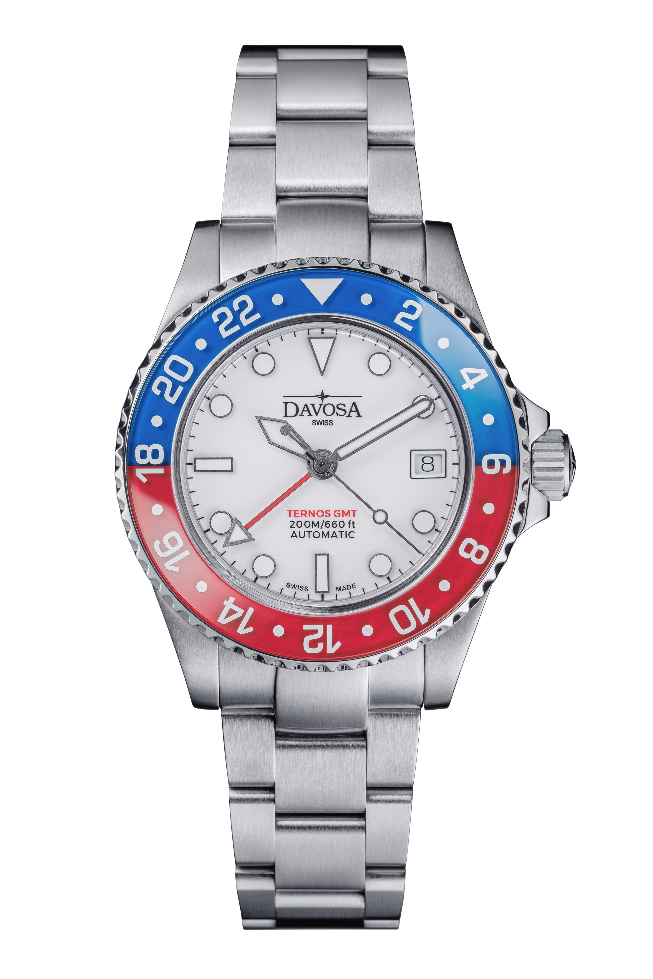 Ternos GMT Lucent Automatic 200m GMT Watch, White Dial Blue-Red Bezel GMT DAVOSA Swiss TriaLink