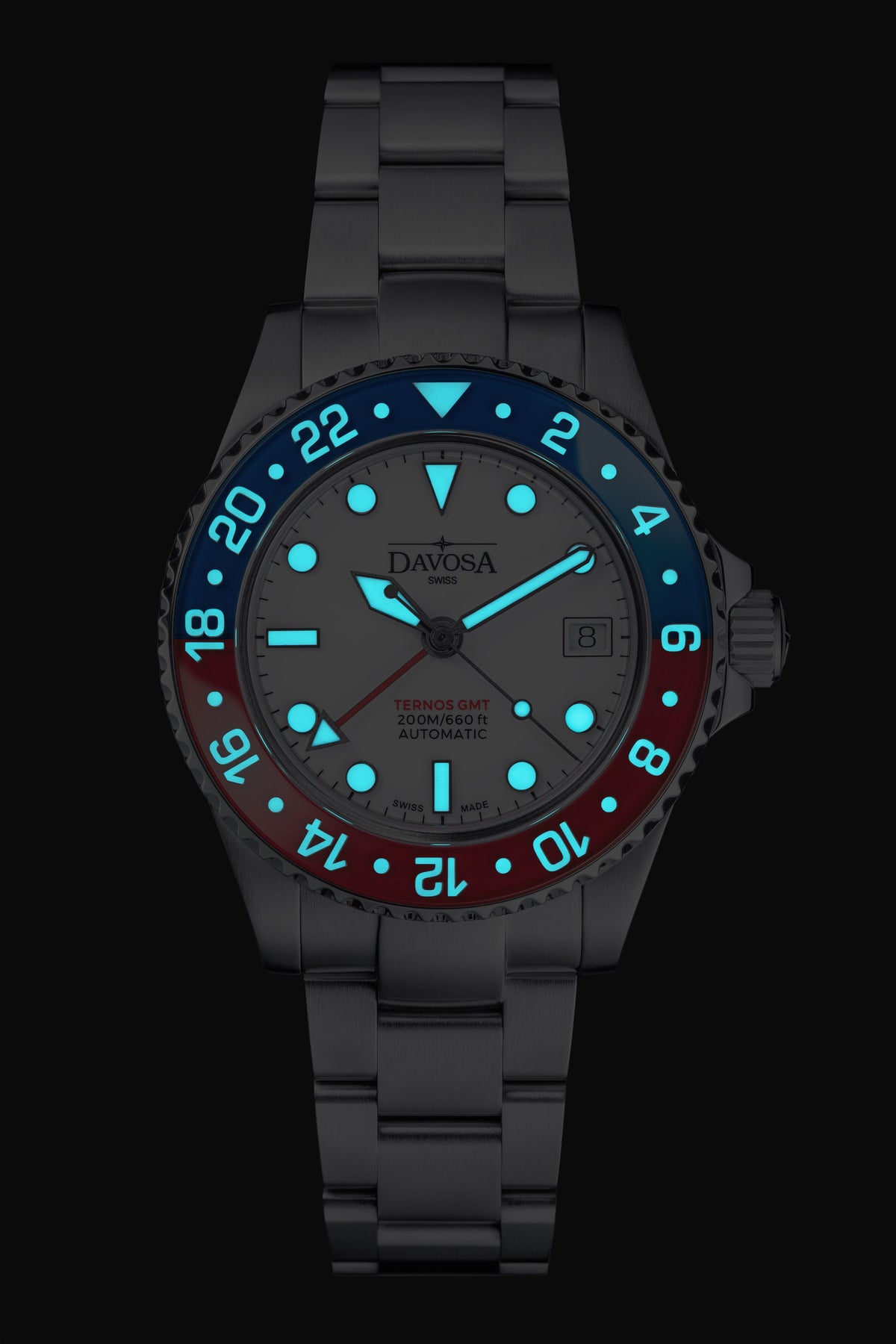 Ternos GMT Lucent Automatic 200m GMT Watch, White Dial Blue-Red Bezel GMT DAVOSA Swiss