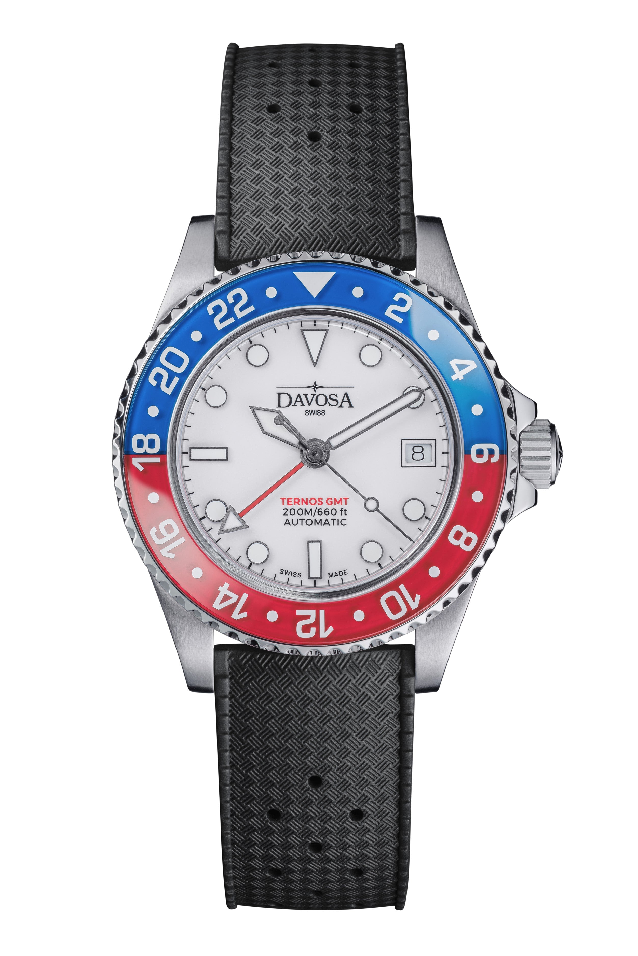 Ternos GMT Lucent Automatic 200m GMT Watch, White Dial Blue-Red Bezel GMT DAVOSA Swiss Black Rubber
