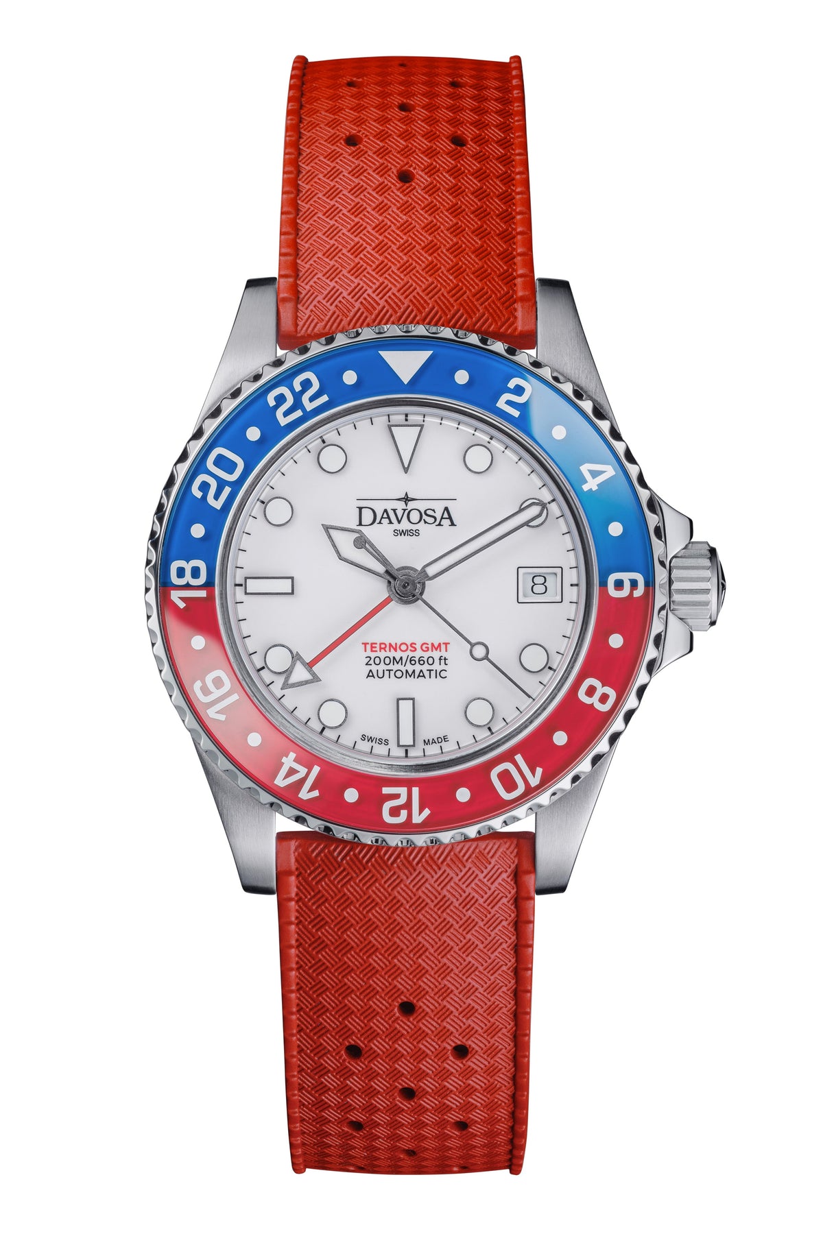 Ternos GMT Lucent Automatic 200m GMT Watch, White Dial Blue-Red Bezel GMT DAVOSA Swiss Red Rubber