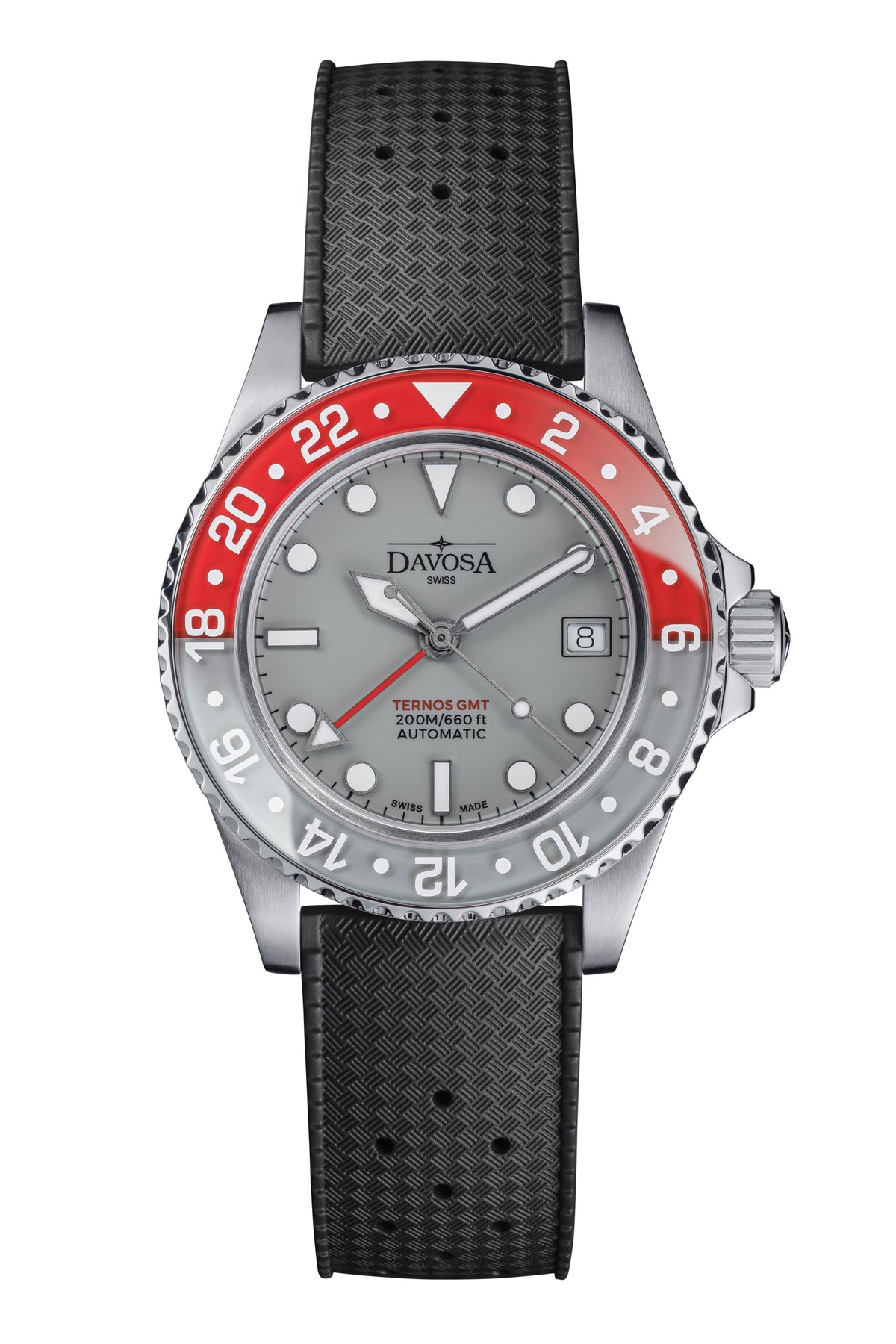 Ternos GMT Lucent Automatic 200m GMT Watch, Grey Dial Grey-Red Bezel GMT DAVOSA Swiss Black Rubber