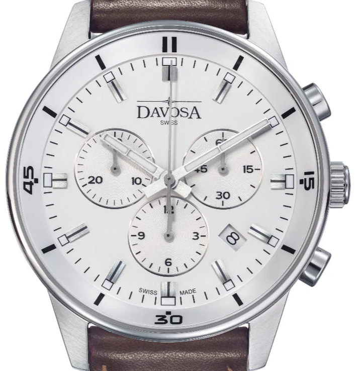 Vireo Quartz Chronograph Swiss-Made White Brown Pilot Watch 16249315 Pilot Davosa USA Official Distributor. Prices are Final. Tax & duties included. 41mm White Leather