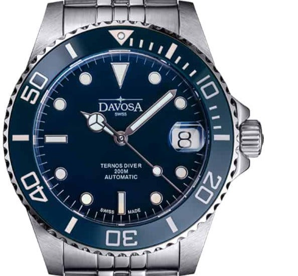 Ternos Medium Automatic Swiss-Made Blue Diving Watch Diver DAVOSA Swiss PentaLink