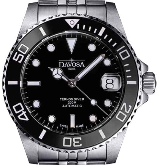 Ternos Medium Automatic Swiss-Made Black Diving Watch Diver DAVOSA Swiss PentaLink